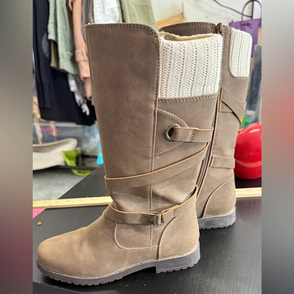 Rachel Shoes Brown Girls' Knit-Cuff Mid-Calf Boots